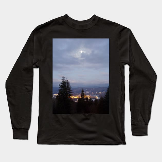 Misty Moon Over the Columbia River Long Sleeve T-Shirt by DlmtleArt